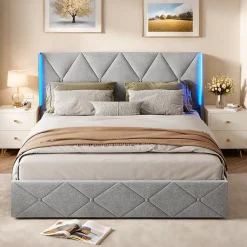 ProximaX Lit coffre 160x200 cm en velours gris givré avec lampe latérale sur la tête de lit, rangement hydraulique, facile à monter* Lit Coffre