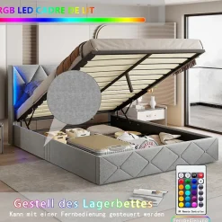 ProximaX Lit coffre 160x200 cm en velours gris givré avec lampe latérale sur la tête de lit, rangement hydraulique, facile à monter* Lit Coffre
