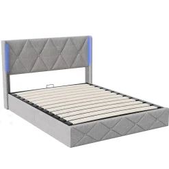 ProximaX Lit coffre 160x200 cm en velours gris givré avec lampe latérale sur la tête de lit, rangement hydraulique, facile à monter* Lit Coffre