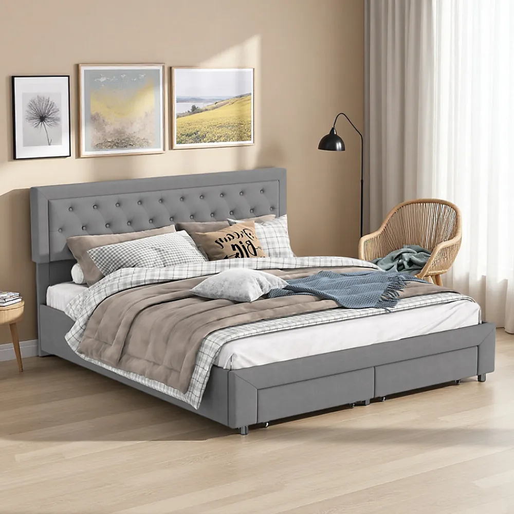 Lit coffre 180x200 cm en velours gris avec tête de lit réglable, tiroirs et sommier à lattes en bois>ProximaX New