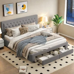 Lit coffre 180x200 cm en velours gris avec tête de lit réglable, tiroirs et sommier à lattes en bois>ProximaX New