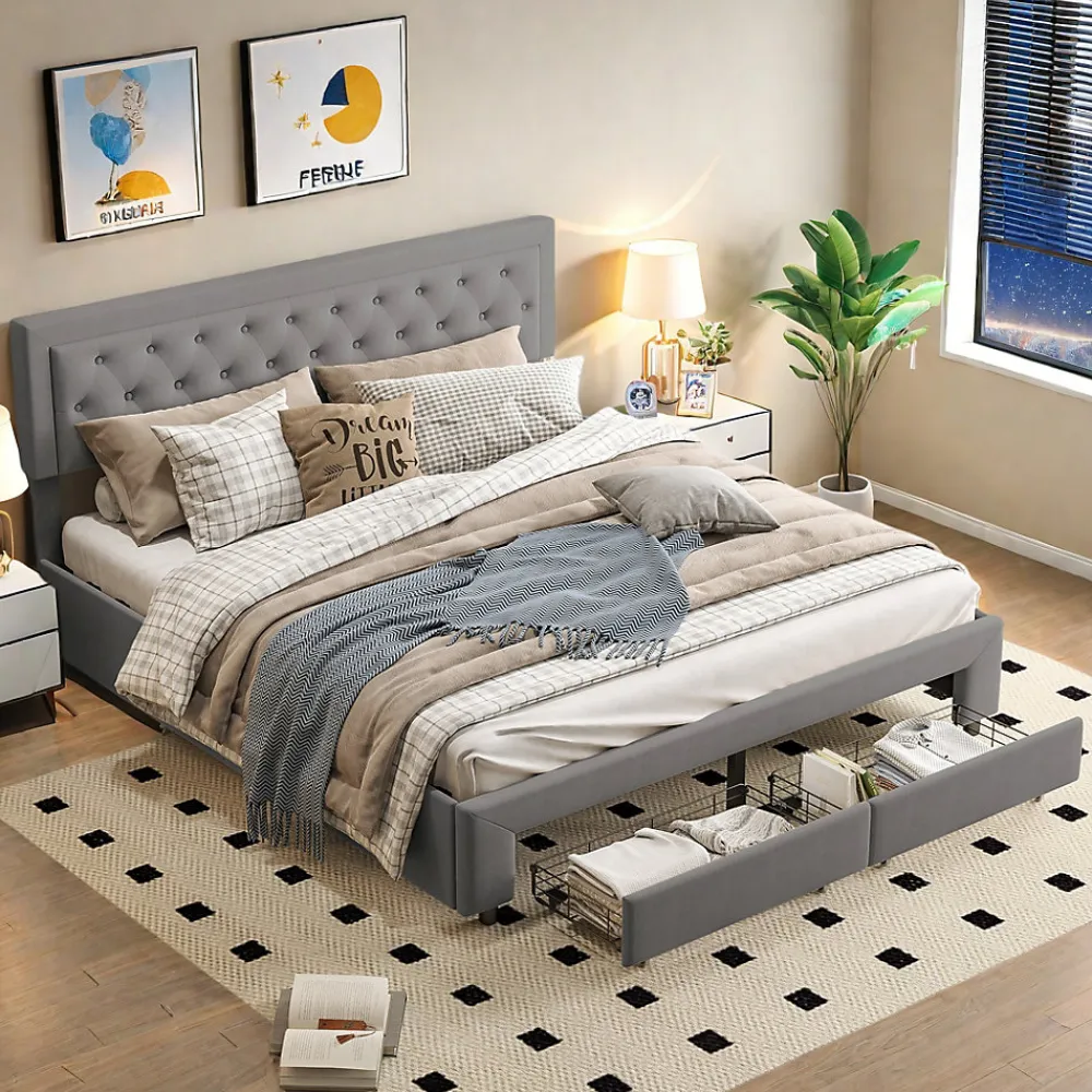 Lit coffre 180x200 cm en velours gris avec tête de lit réglable, tiroirs et sommier à lattes en bois>ProximaX New