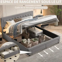 Lit coffre 180x200 cm en velours gris avec tête de lit réglable, tiroirs et sommier à lattes en bois><noscript><img width=