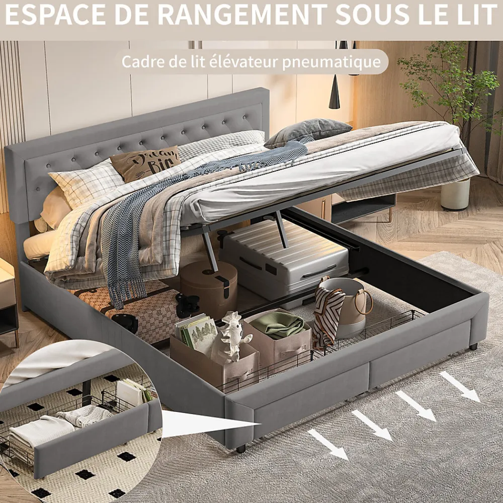 Lit coffre 180x200 cm en velours gris avec tête de lit réglable, tiroirs et sommier à lattes en bois>ProximaX New