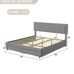Lit coffre 180x200 cm en velours gris avec tête de lit réglable, tiroirs et sommier à lattes en bois><noscript><img width=