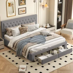 Lit coffre 180x200 cm en velours gris avec tête de lit réglable, tiroirs et sommier à lattes en bois><noscript><img width=