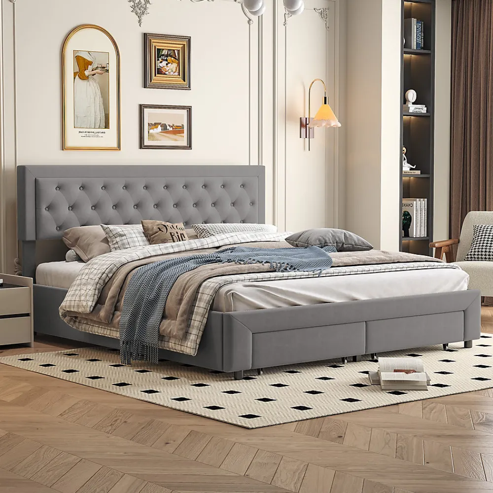 Lit coffre 180x200 cm en velours gris avec tête de lit réglable, tiroirs et sommier à lattes en bois>ProximaX New