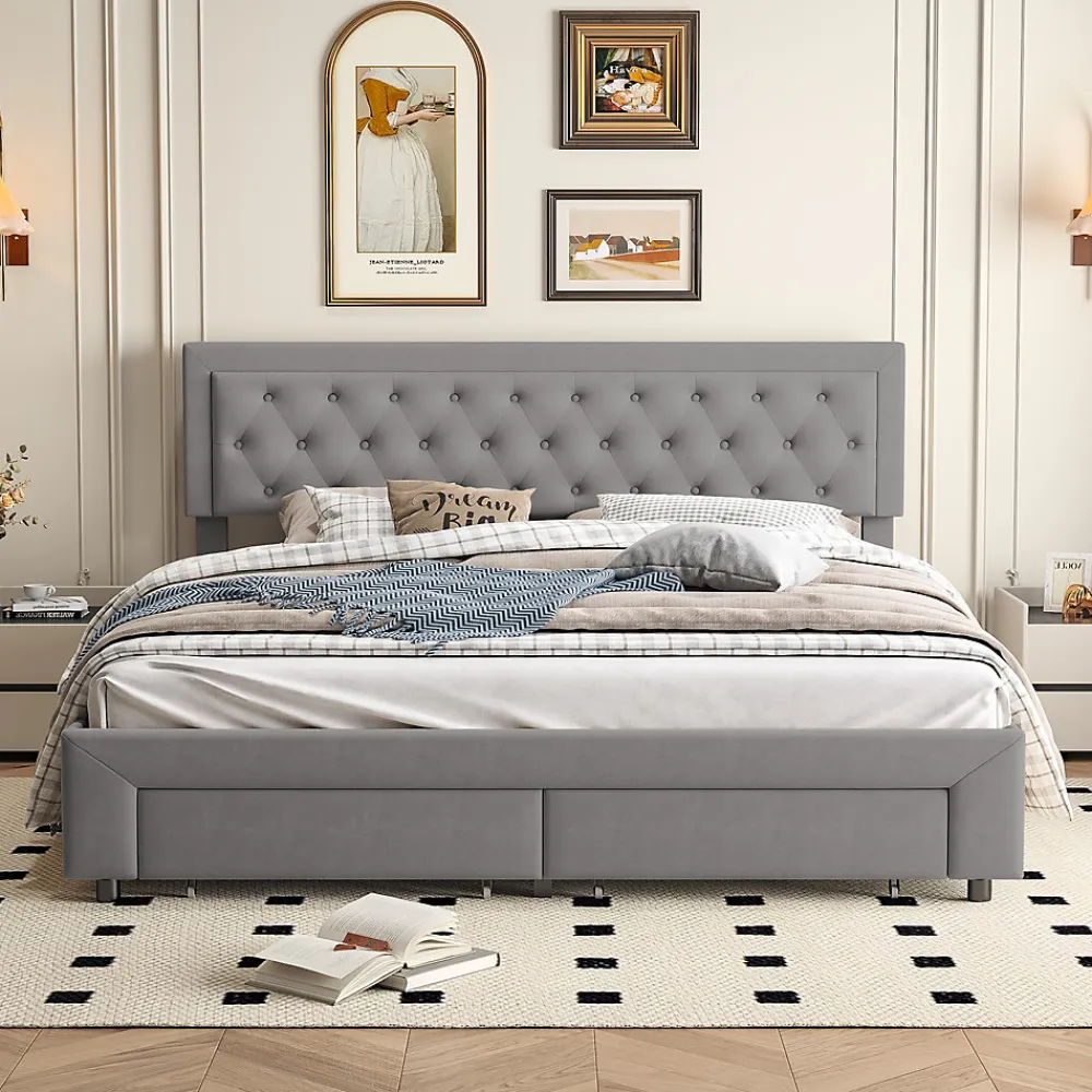 Lit coffre 180x200 cm en velours gris avec tête de lit réglable, tiroirs et sommier à lattes en bois>ProximaX New