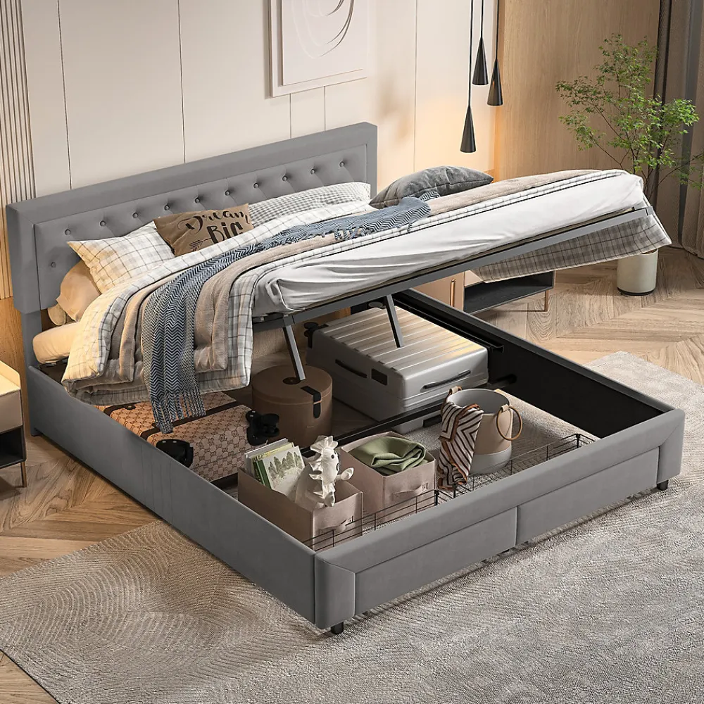 Lit coffre 180x200 cm en velours gris avec tête de lit réglable, tiroirs et sommier à lattes en bois>ProximaX New
