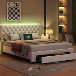 ProximaX Lit coffre 140x190 cm en velours beige, tête de lit cloutée, 2 tiroirs, ports USB, poches latérales, bande LED amovible* Lit Coffre