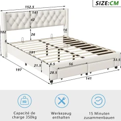 ProximaX Lit coffre 140x190 cm en velours beige, tête de lit cloutée, 2 tiroirs, ports USB, poches latérales, bande LED amovible* Lit Coffre
