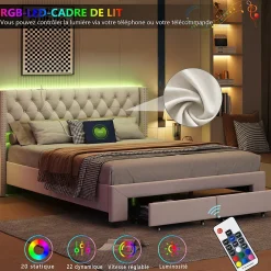 ProximaX Lit coffre 140x190 cm en velours beige, tête de lit cloutée, 2 tiroirs, ports USB, poches latérales, bande LED amovible* Lit Coffre