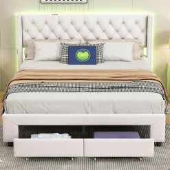 ProximaX Lit coffre 140x190 cm en velours beige, tête de lit cloutée, 2 tiroirs, ports USB, poches latérales, bande LED amovible* Lit Coffre
