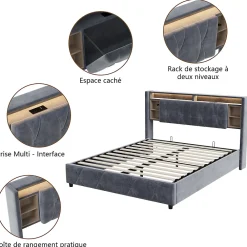 ProximaX Lit coffre 140x200 cm en velours gris avec tête de lit LED 7 couleurs, prises USB/Type-C, rangements et vérins hydrauliques* Lit Coffre