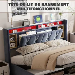 ProximaX Lit coffre 140x200 cm en velours gris avec tête de lit LED 7 couleurs, prises USB/Type-C, rangements et vérins hydrauliques* Lit Coffre