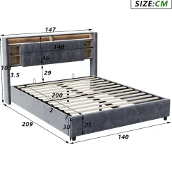 ProximaX Lit coffre 140x200 cm en velours gris avec tête de lit LED 7 couleurs, prises USB/Type-C, rangements et vérins hydrauliques* Lit Coffre