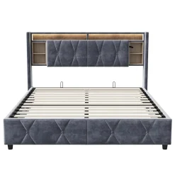 ProximaX Lit coffre 140x200 cm en velours gris avec tête de lit LED 7 couleurs, prises USB/Type-C, rangements et vérins hydrauliques* Lit Coffre