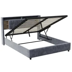 ProximaX Lit coffre 140x200 cm en velours gris avec tête de lit LED 7 couleurs, prises USB/Type-C, rangements et vérins hydrauliques* Lit Coffre