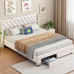 Lit coffre 140x190 cm en velours beige, tête de lit cloutée, 2 tiroirs, ports USB, poches latérales, bande LED amovible>ProximaX Hot