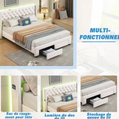 Lit coffre 140x190 cm en velours beige, tête de lit cloutée, 2 tiroirs, ports USB, poches latérales, bande LED amovible><noscript><img width=