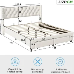 Lit coffre 140x190 cm en velours beige, tête de lit cloutée, 2 tiroirs, ports USB, poches latérales, bande LED amovible><noscript><img width=
