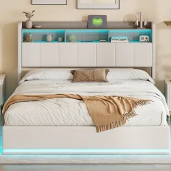 Lit coffre 140x200 cm en velours avec tête de lit rangements, LED, ports USB, Lit double avec espace de rangement, Blanc>ProximaX Online