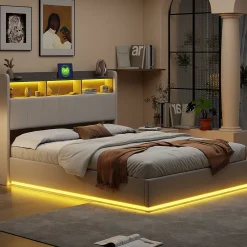 Lit coffre 140x200 cm en velours avec tête de lit rangements, LED, ports USB, Lit double avec espace de rangement, Blanc><noscript><img width=