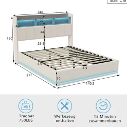 Lit coffre 140x200 cm en velours avec tête de lit rangements, LED, ports USB, Lit double avec espace de rangement, Blanc><noscript><img width=