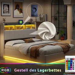Lit coffre 140x200 cm en velours avec tête de lit rangements, LED, ports USB, Lit double avec espace de rangement, Blanc><noscript><img width=