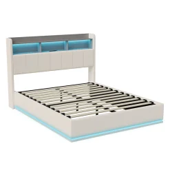 Lit coffre 140x200 cm en velours avec tête de lit rangements, LED, ports USB, Lit double avec espace de rangement, Blanc><noscript><img width=