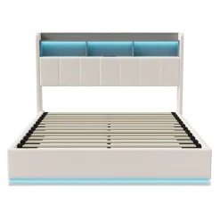 Lit coffre 140x200 cm en velours avec tête de lit rangements, LED, ports USB, Lit double avec espace de rangement, Blanc><noscript><img width=