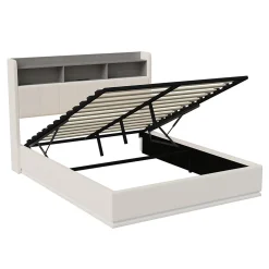 Lit coffre 140x200 cm en velours avec tête de lit rangements, LED, ports USB, Lit double avec espace de rangement, Blanc><noscript><img width=