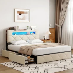 ProximaX Lit coffre 140x190 cm en velours beige avec tête de lit lumineuse et port de charge, 4 tiroirs de rangement, structure métal* Lit Coffre