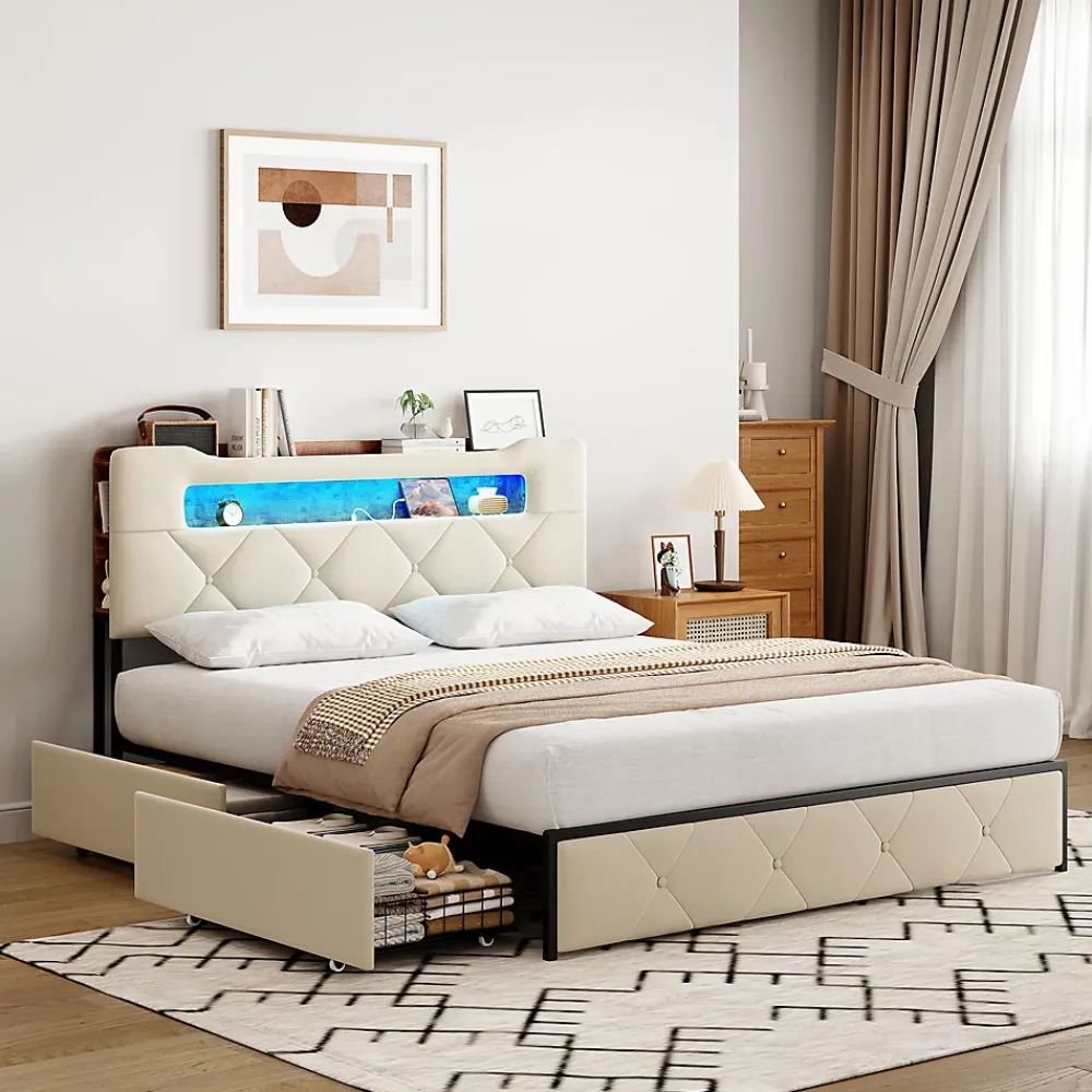 ProximaX Lit coffre 140x190 cm en velours beige avec tête de lit lumineuse et port de charge, 4 tiroirs de rangement, structure métal* Lit Coffre
