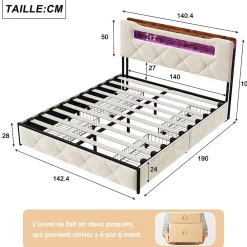 ProximaX Lit coffre 140x190 cm en velours beige avec tête de lit lumineuse et port de charge, 4 tiroirs de rangement, structure métal* Lit Coffre