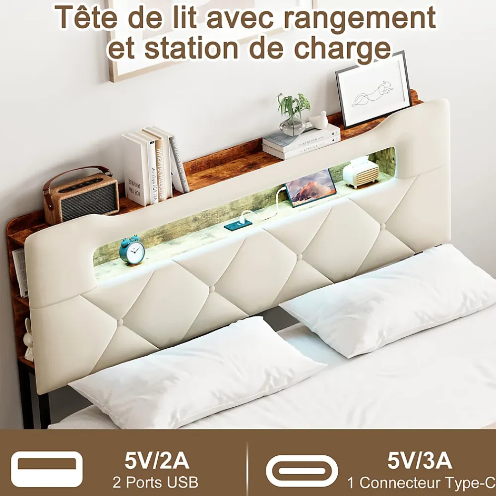ProximaX Lit coffre 140x190 cm en velours beige avec tête de lit lumineuse et port de charge, 4 tiroirs de rangement, structure métal* Lit Coffre