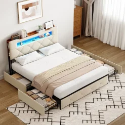 ProximaX Lit coffre 140x190 cm en velours beige avec tête de lit lumineuse et port de charge, 4 tiroirs de rangement, structure métal* Lit Coffre