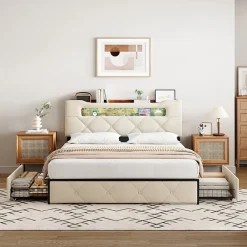 ProximaX Lit coffre 140x190 cm en velours beige avec tête de lit lumineuse et port de charge, 4 tiroirs de rangement, structure métal* Lit Coffre