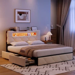 ProximaX Lit coffre 140x190 cm en velours beige avec tête de lit lumineuse et port de charge, 4 tiroirs de rangement, structure métal* Lit Coffre
