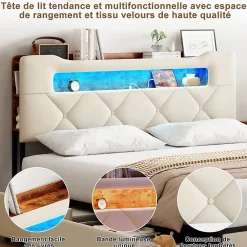 ProximaX Lit coffre 140x190 cm en velours beige avec tête de lit lumineuse et port de charge, 4 tiroirs de rangement, structure métal* Lit Coffre