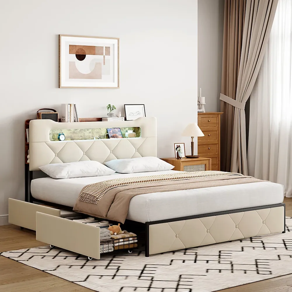 ProximaX Lit coffre 140x190 cm en velours beige avec tête de lit lumineuse et port de charge, 4 tiroirs de rangement, structure métal* Lit Coffre