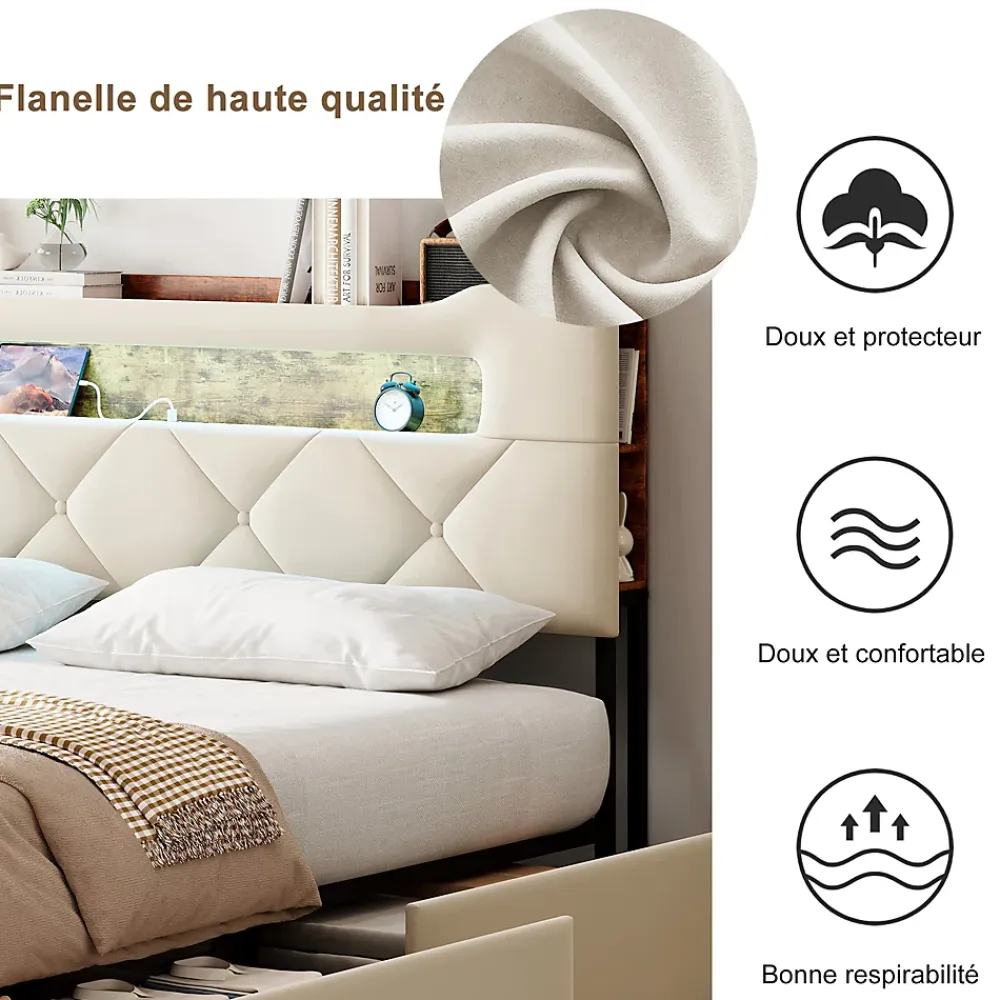 ProximaX Lit coffre 140x190 cm en velours beige avec tête de lit lumineuse et port de charge, 4 tiroirs de rangement, structure métal* Lit Coffre