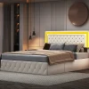 Lit coffre 160x200 cm en velours - avec LED et sommier à lattes - Lit double de rangement - avec tête de lit réglable - Beige>Simple Life Outlet