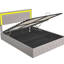 Lit coffre 160x200 cm en velours - avec LED et sommier à lattes - Lit double de rangement - avec tête de lit réglable - Beige><noscript><img width=