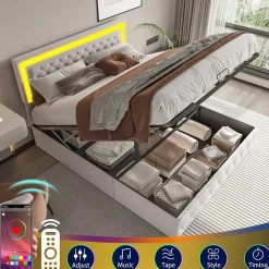 Lit coffre 160x200 cm en velours - avec LED et sommier à lattes - Lit double de rangement - avec tête de lit réglable - Beige><noscript><img width=