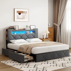 ProximaX Lit coffre 140x200 cm en velours gris avec tête de lit lumineuse et chargeur intégré, 4 tiroirs de rangement, structure métal* Lit Coffre