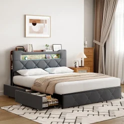 ProximaX Lit coffre 140x200 cm en velours gris avec tête de lit lumineuse et chargeur intégré, 4 tiroirs de rangement, structure métal* Lit Coffre