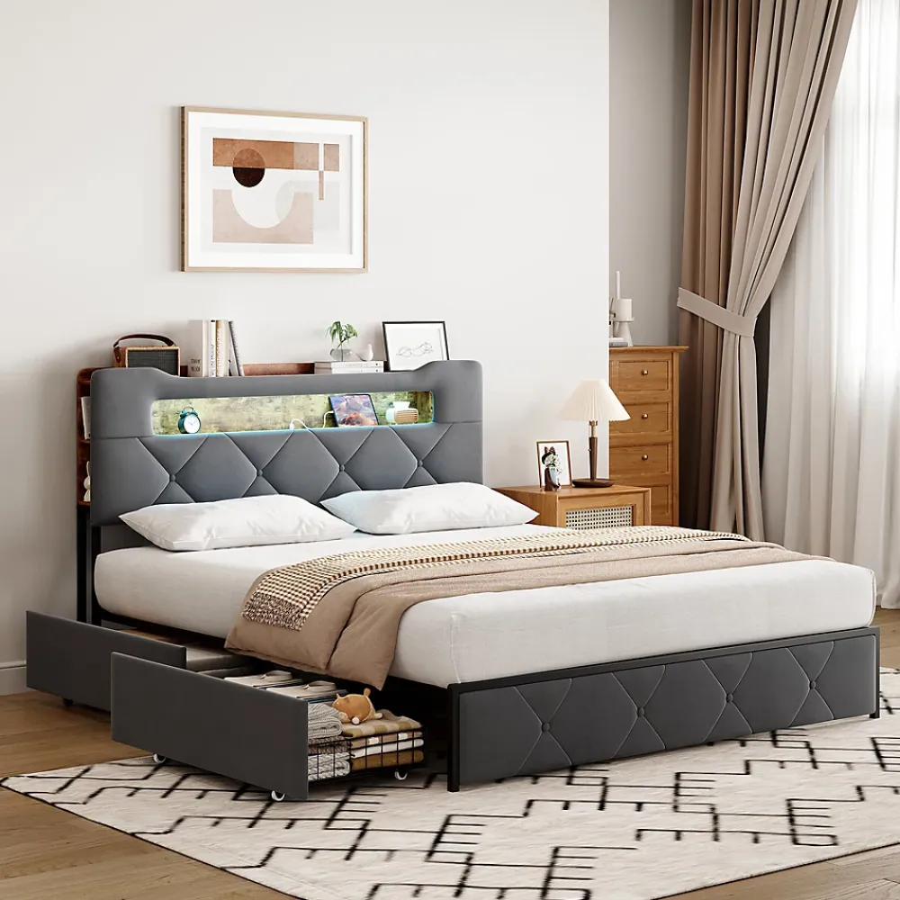 ProximaX Lit coffre 140x200 cm en velours gris avec tête de lit lumineuse et chargeur intégré, 4 tiroirs de rangement, structure métal* Lit Coffre