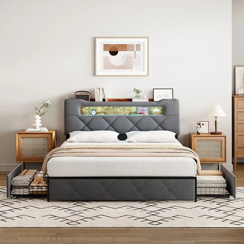 ProximaX Lit coffre 140x200 cm en velours gris avec tête de lit lumineuse et chargeur intégré, 4 tiroirs de rangement, structure métal* Lit Coffre
