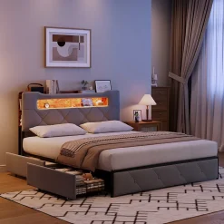 ProximaX Lit coffre 140x200 cm en velours gris avec tête de lit lumineuse et chargeur intégré, 4 tiroirs de rangement, structure métal* Lit Coffre